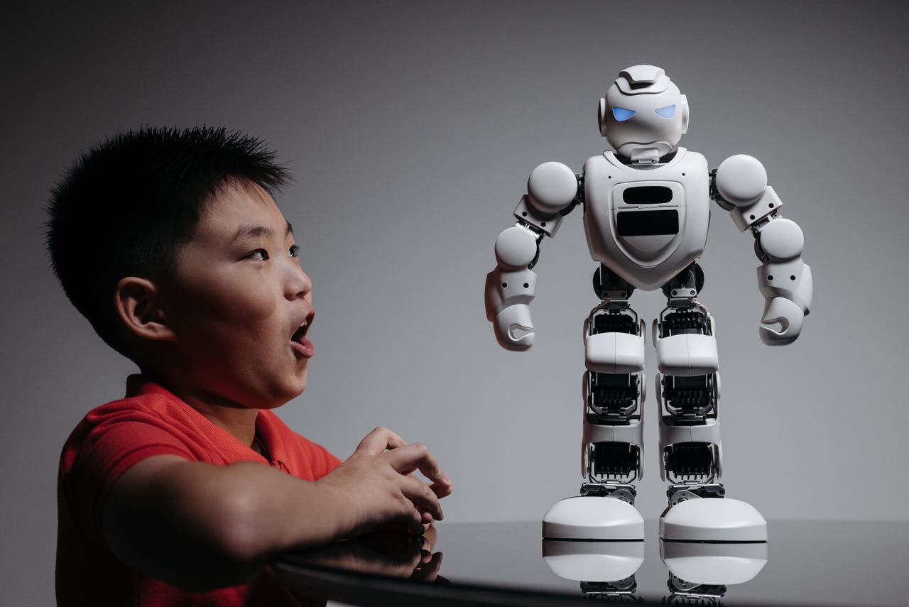 Services A young boy excitedly interacts with a white robotic toy, showcasing innovation and technology.